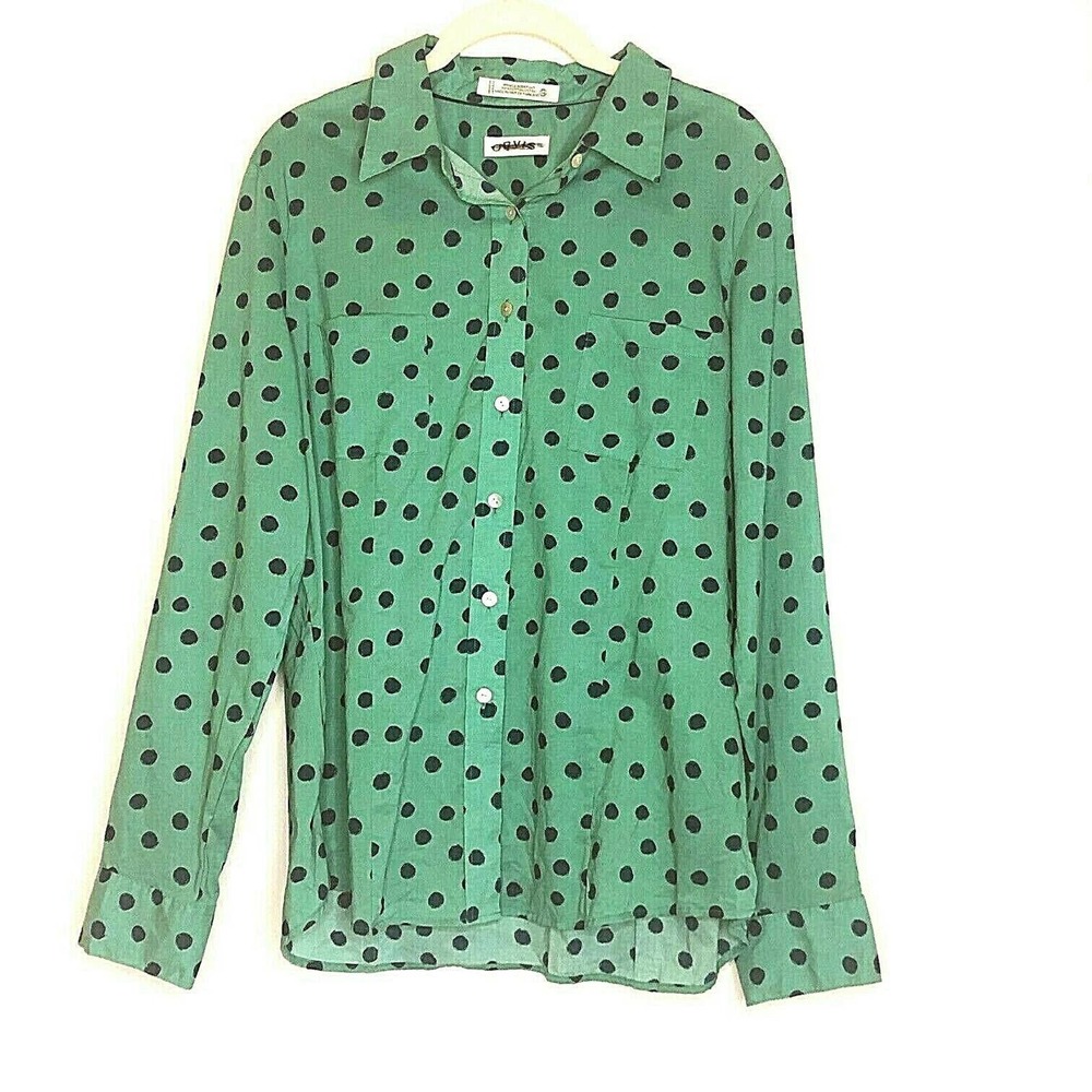 Orvis Button Up Shirt Cotton Green Polka Dot